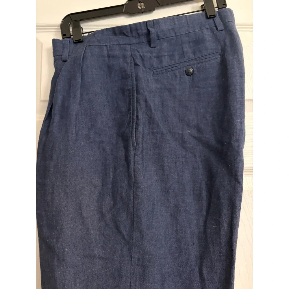 Turnbury Mens 36x32 Navy Blue 100% Linen Pleated Cuffed Dress Pants Trousers